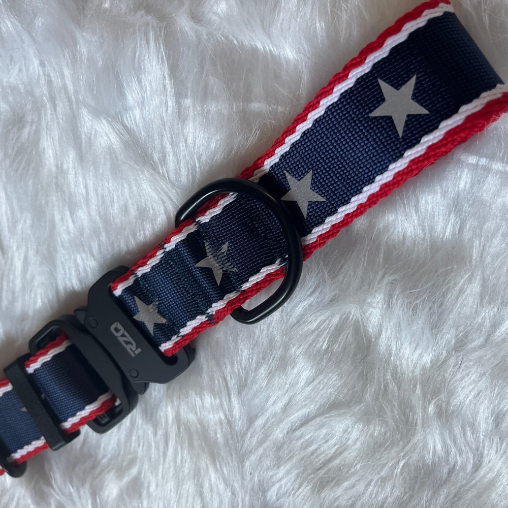 Dog Collar Red, White & Blue with stars, Black Metal Buckle.